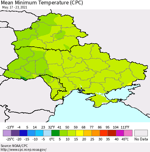 Ukraine, Moldova and Belarus Mean Minimum Temperature (CPC) Thematic Map For 5/17/2021 - 5/23/2021
