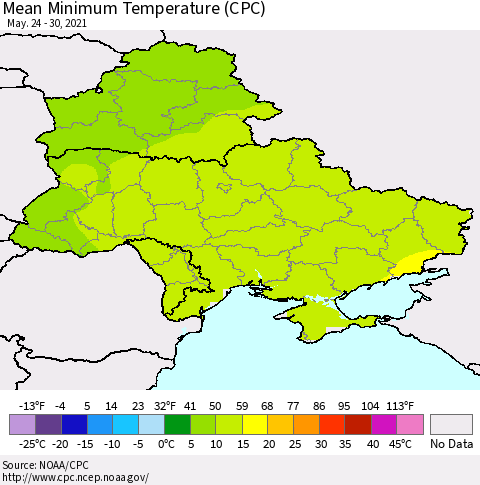 Ukraine, Moldova and Belarus Minimum Temperature (CPC) Thematic Map For 5/24/2021 - 5/30/2021