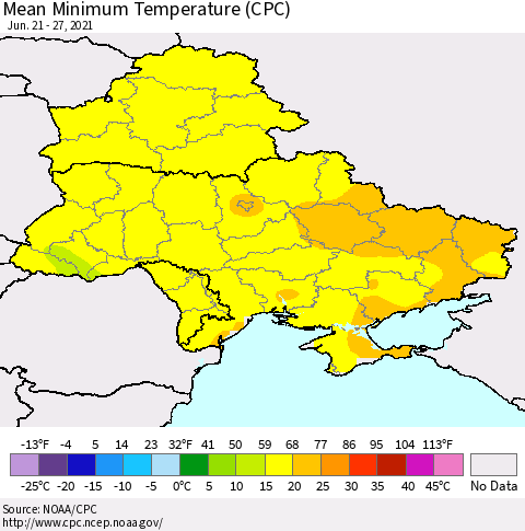 Ukraine, Moldova and Belarus Mean Minimum Temperature (CPC) Thematic Map For 6/21/2021 - 6/27/2021