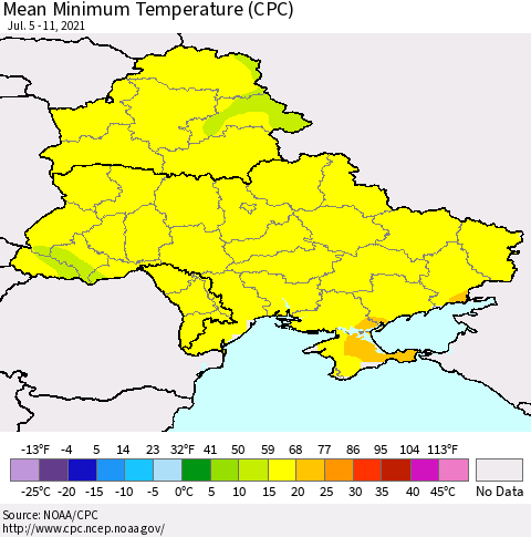 Ukraine, Moldova and Belarus Mean Minimum Temperature (CPC) Thematic Map For 7/5/2021 - 7/11/2021