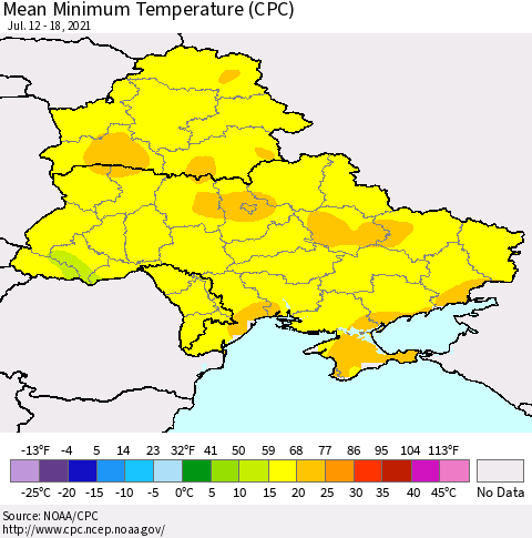 Ukraine, Moldova and Belarus Minimum Temperature (CPC) Thematic Map For 7/12/2021 - 7/18/2021