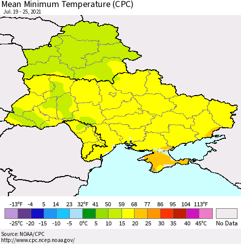 Ukraine, Moldova and Belarus Mean Minimum Temperature (CPC) Thematic Map For 7/19/2021 - 7/25/2021