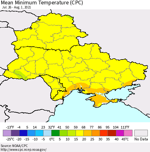 Ukraine, Moldova and Belarus Minimum Temperature (CPC) Thematic Map For 7/26/2021 - 8/1/2021