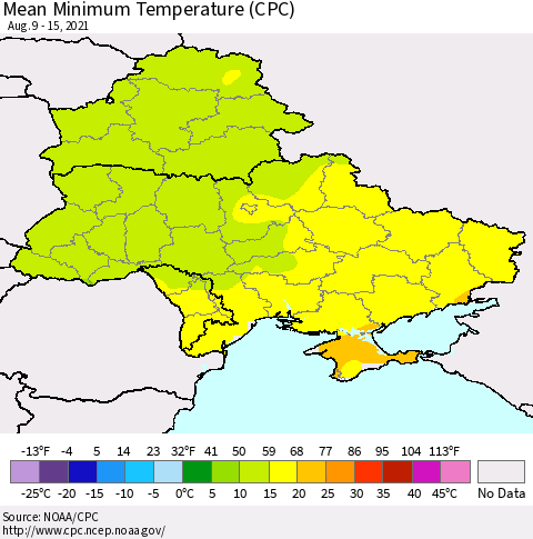 Ukraine, Moldova and Belarus Minimum Temperature (CPC) Thematic Map For 8/9/2021 - 8/15/2021