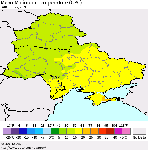 Ukraine, Moldova and Belarus Mean Minimum Temperature (CPC) Thematic Map For 8/16/2021 - 8/22/2021