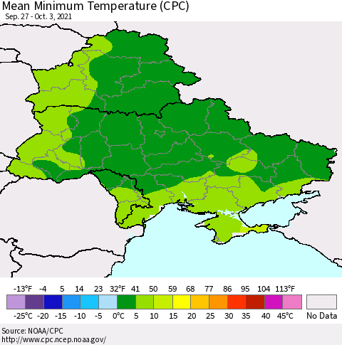 Ukraine, Moldova and Belarus Mean Minimum Temperature (CPC) Thematic Map For 9/27/2021 - 10/3/2021