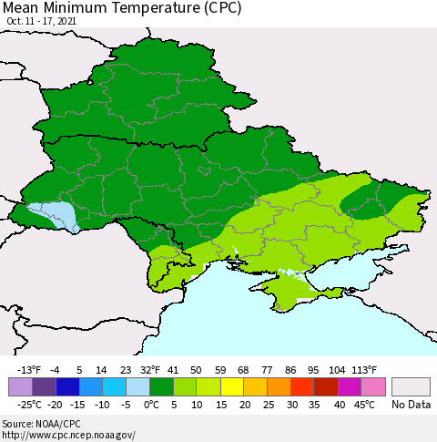 Ukraine, Moldova and Belarus Mean Minimum Temperature (CPC) Thematic Map For 10/11/2021 - 10/17/2021