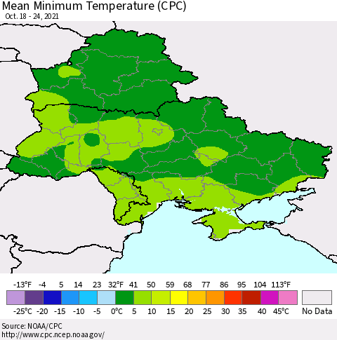 Ukraine, Moldova and Belarus Minimum Temperature (CPC) Thematic Map For 10/18/2021 - 10/24/2021