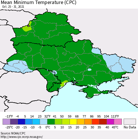 Ukraine, Moldova and Belarus Mean Minimum Temperature (CPC) Thematic Map For 10/25/2021 - 10/31/2021