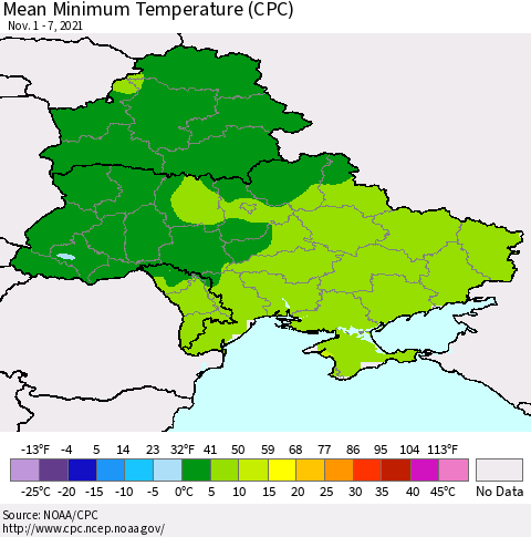 Ukraine, Moldova and Belarus Minimum Temperature (CPC) Thematic Map For 11/1/2021 - 11/7/2021