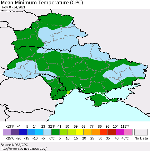 Ukraine, Moldova and Belarus Mean Minimum Temperature (CPC) Thematic Map For 11/8/2021 - 11/14/2021