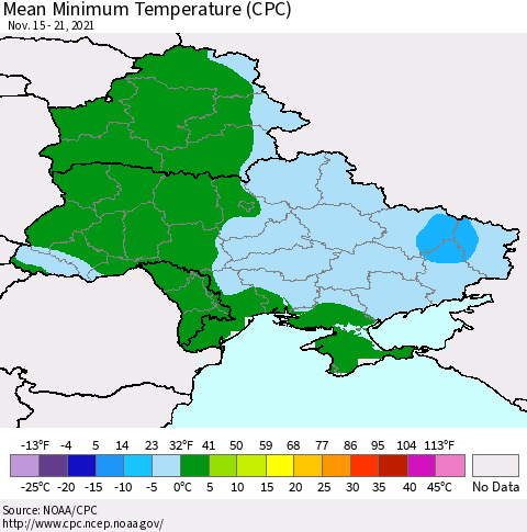 Ukraine, Moldova and Belarus Minimum Temperature (CPC) Thematic Map For 11/15/2021 - 11/21/2021