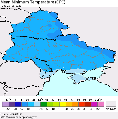 Ukraine, Moldova and Belarus Mean Minimum Temperature (CPC) Thematic Map For 12/20/2021 - 12/26/2021