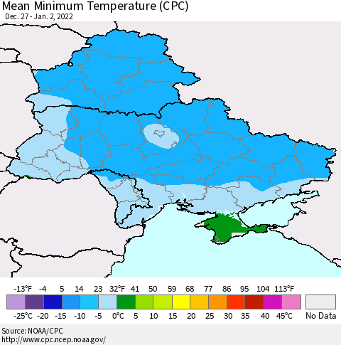 Ukraine, Moldova and Belarus Minimum Temperature (CPC) Thematic Map For 12/27/2021 - 1/2/2022
