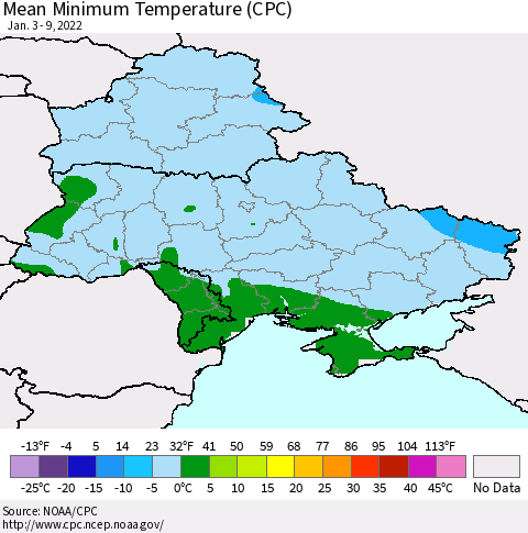 Ukraine, Moldova and Belarus Mean Minimum Temperature (CPC) Thematic Map For 1/3/2022 - 1/9/2022