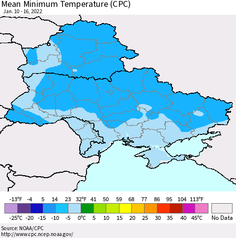 Ukraine, Moldova and Belarus Mean Minimum Temperature (CPC) Thematic Map For 1/10/2022 - 1/16/2022