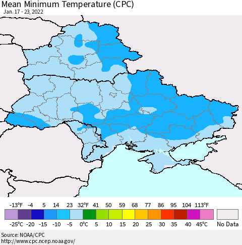 Ukraine, Moldova and Belarus Mean Minimum Temperature (CPC) Thematic Map For 1/17/2022 - 1/23/2022