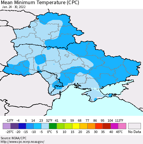 Ukraine, Moldova and Belarus Mean Minimum Temperature (CPC) Thematic Map For 1/24/2022 - 1/30/2022
