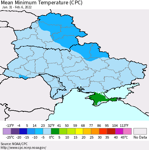 Ukraine, Moldova and Belarus Mean Minimum Temperature (CPC) Thematic Map For 1/31/2022 - 2/6/2022