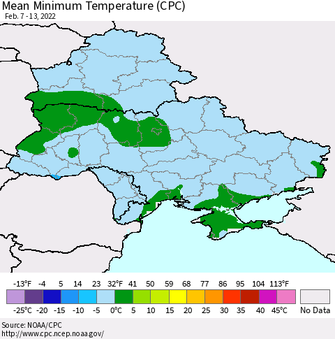 Ukraine, Moldova and Belarus Mean Minimum Temperature (CPC) Thematic Map For 2/7/2022 - 2/13/2022