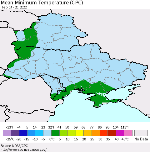Ukraine, Moldova and Belarus Mean Minimum Temperature (CPC) Thematic Map For 2/14/2022 - 2/20/2022