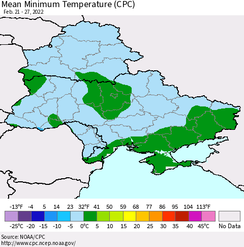 Ukraine, Moldova and Belarus Mean Minimum Temperature (CPC) Thematic Map For 2/21/2022 - 2/27/2022