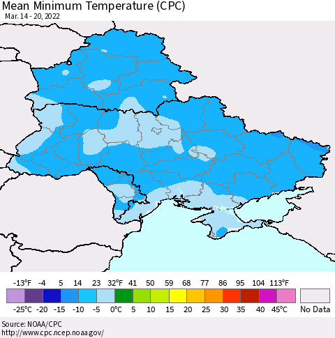 Ukraine, Moldova and Belarus Mean Minimum Temperature (CPC) Thematic Map For 3/14/2022 - 3/20/2022