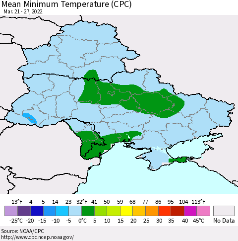 Ukraine, Moldova and Belarus Mean Minimum Temperature (CPC) Thematic Map For 3/21/2022 - 3/27/2022