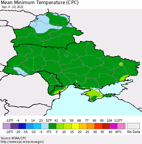 Ukraine, Moldova and Belarus Minimum Temperature (CPC) Thematic Map For 4/4/2022 - 4/10/2022