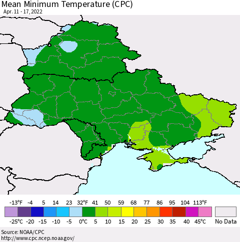 Ukraine, Moldova and Belarus Minimum Temperature (CPC) Thematic Map For 4/11/2022 - 4/17/2022