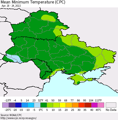 Ukraine, Moldova and Belarus Mean Minimum Temperature (CPC) Thematic Map For 4/18/2022 - 4/24/2022