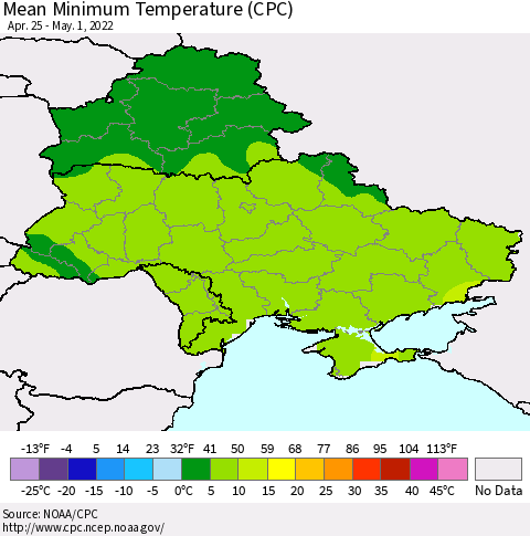 Ukraine, Moldova and Belarus Mean Minimum Temperature (CPC) Thematic Map For 4/25/2022 - 5/1/2022