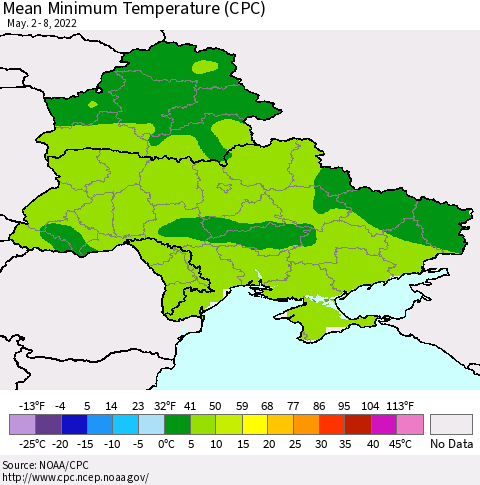 Ukraine, Moldova and Belarus Minimum Temperature (CPC) Thematic Map For 5/2/2022 - 5/8/2022