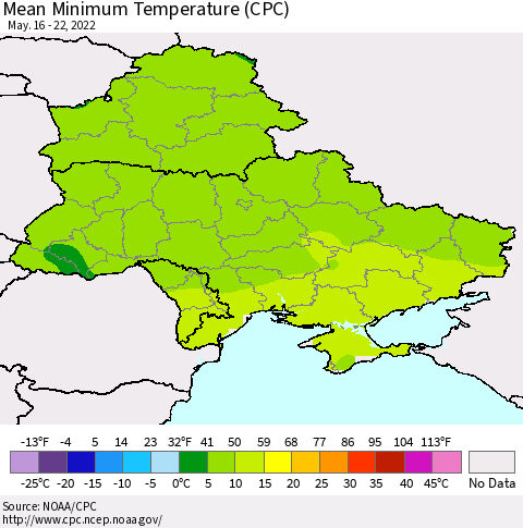 Ukraine, Moldova and Belarus Minimum Temperature (CPC) Thematic Map For 5/16/2022 - 5/22/2022