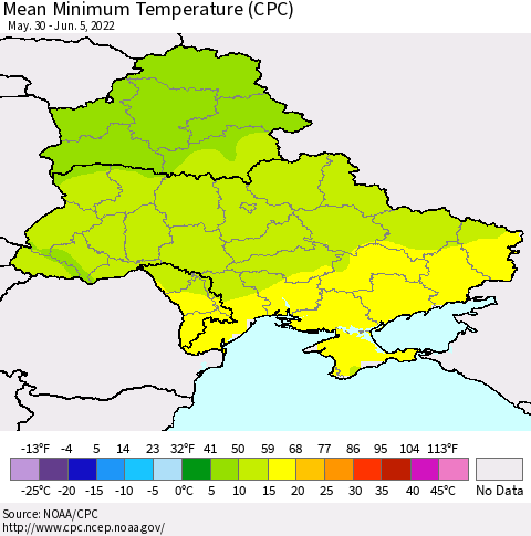 Ukraine, Moldova and Belarus Minimum Temperature (CPC) Thematic Map For 5/30/2022 - 6/5/2022