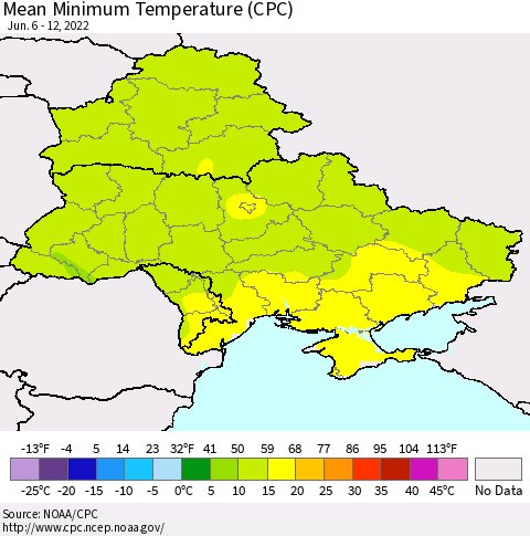 Ukraine, Moldova and Belarus Mean Minimum Temperature (CPC) Thematic Map For 6/6/2022 - 6/12/2022