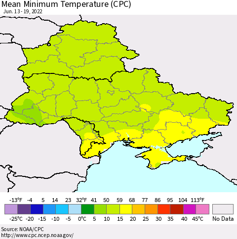 Ukraine, Moldova and Belarus Minimum Temperature (CPC) Thematic Map For 6/13/2022 - 6/19/2022