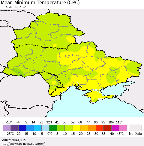 Ukraine, Moldova and Belarus Mean Minimum Temperature (CPC) Thematic Map For 6/20/2022 - 6/26/2022