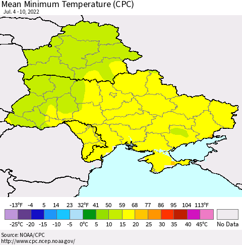 Ukraine, Moldova and Belarus Mean Minimum Temperature (CPC) Thematic Map For 7/4/2022 - 7/10/2022