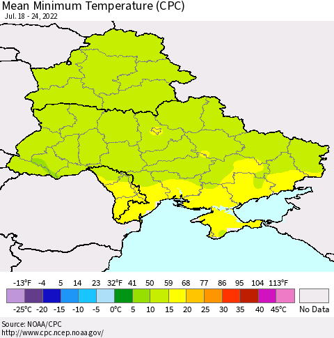 Ukraine, Moldova and Belarus Minimum Temperature (CPC) Thematic Map For 7/18/2022 - 7/24/2022
