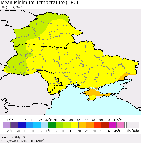 Ukraine, Moldova and Belarus Mean Minimum Temperature (CPC) Thematic Map For 8/1/2022 - 8/7/2022