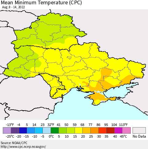 Ukraine, Moldova and Belarus Minimum Temperature (CPC) Thematic Map For 8/8/2022 - 8/14/2022