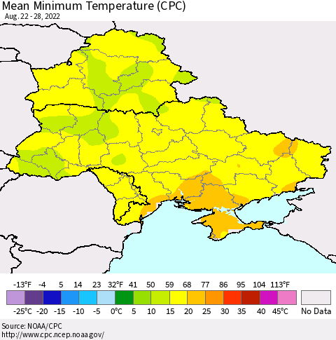 Ukraine, Moldova and Belarus Minimum Temperature (CPC) Thematic Map For 8/22/2022 - 8/28/2022