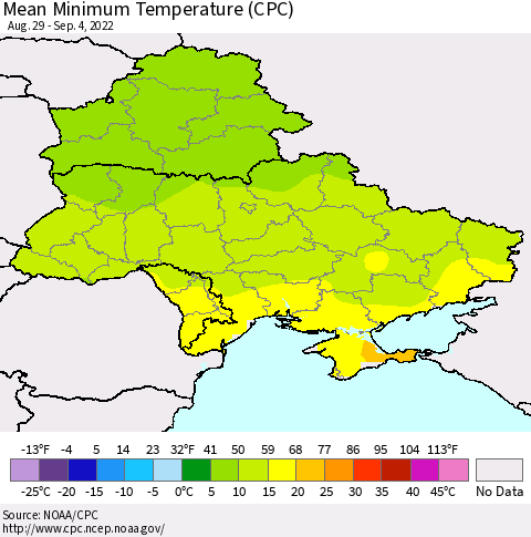 Ukraine, Moldova and Belarus Minimum Temperature (CPC) Thematic Map For 8/29/2022 - 9/4/2022