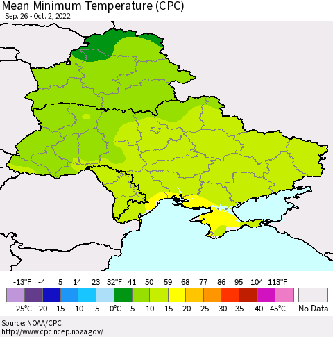 Ukraine, Moldova and Belarus Mean Minimum Temperature (CPC) Thematic Map For 9/26/2022 - 10/2/2022