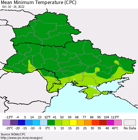 Ukraine, Moldova and Belarus Mean Minimum Temperature (CPC) Thematic Map For 10/10/2022 - 10/16/2022