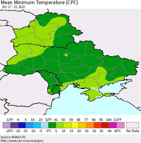 Ukraine, Moldova and Belarus Mean Minimum Temperature (CPC) Thematic Map For 10/17/2022 - 10/23/2022