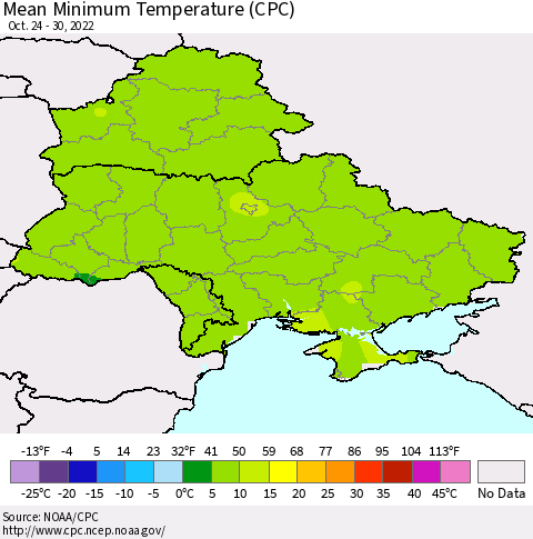 Ukraine, Moldova and Belarus Mean Minimum Temperature (CPC) Thematic Map For 10/24/2022 - 10/30/2022