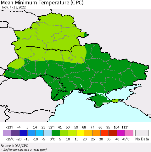 Ukraine, Moldova and Belarus Mean Minimum Temperature (CPC) Thematic Map For 11/7/2022 - 11/13/2022