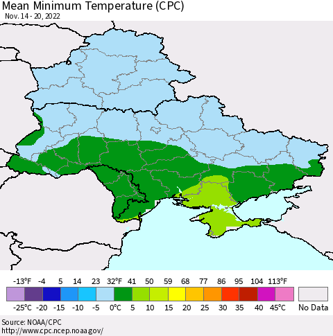 Ukraine, Moldova and Belarus Mean Minimum Temperature (CPC) Thematic Map For 11/14/2022 - 11/20/2022